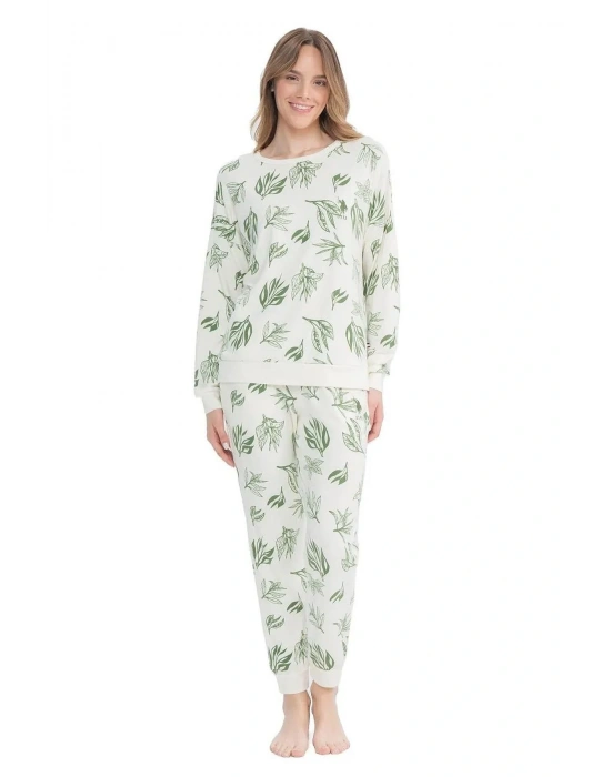 U.s Polo Assn. 17105 Kadın Yumoş Kumaş Yuvarlak Yaka Uzun Kollu Paçası Lastikli Pijama Takımı-Yeşil