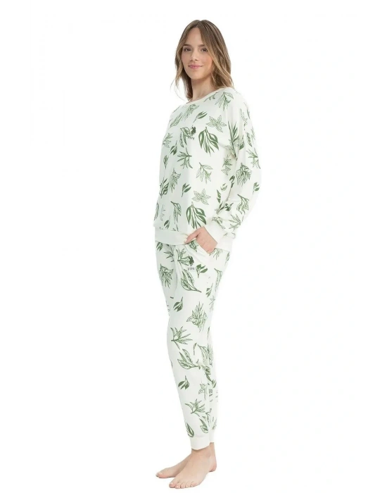 U.s Polo Assn. 17105 Kadın Yumoş Kumaş Yuvarlak Yaka Uzun Kollu Paçası Lastikli Pijama Takımı-Yeşil