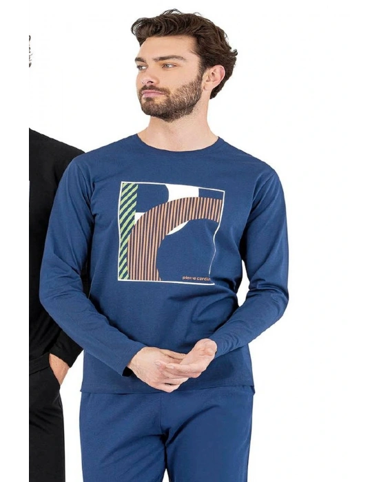 6060 Erkek İndigo Uzun Kollu Yuvarlak Yakalı Pijama Takım