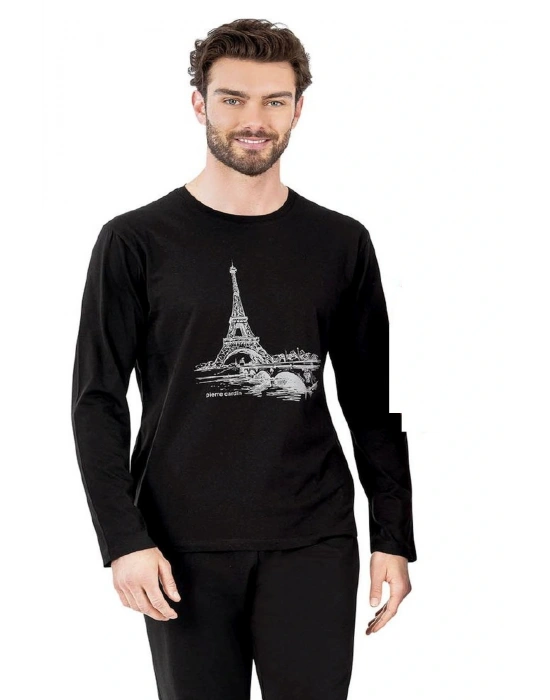 6064 Erkek Siyah Uzun Kollu Yuvarlak Yakalı Pijama Takım