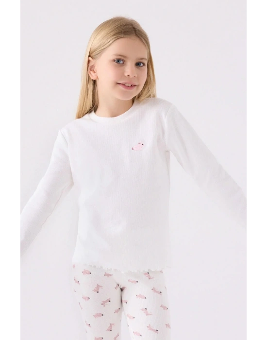 Kız Çocuk Beyaz Uzun Kol Pijama Takım
