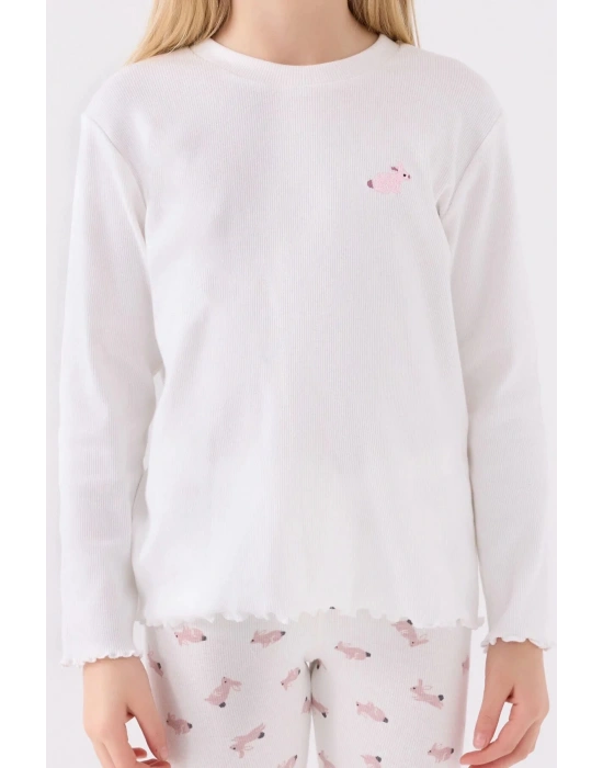 Kız Çocuk Beyaz Uzun Kol Pijama Takım