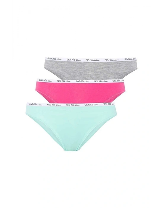 Pamuklu & Likralı, 3lü Kadın Slip Külot Fuşya & Gri & Mavi