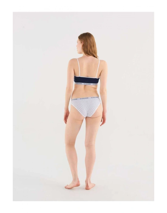 Kadın Beyaz & Lacivert Puantiyeli Likralı Pamuklu Büstiyer Slip Set