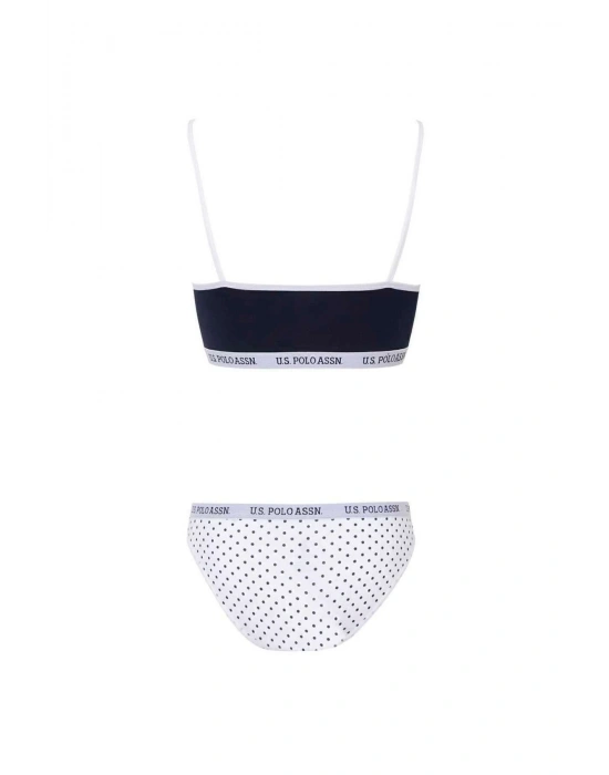 Kadın Beyaz & Lacivert Puantiyeli Likralı Pamuklu Büstiyer Slip Set