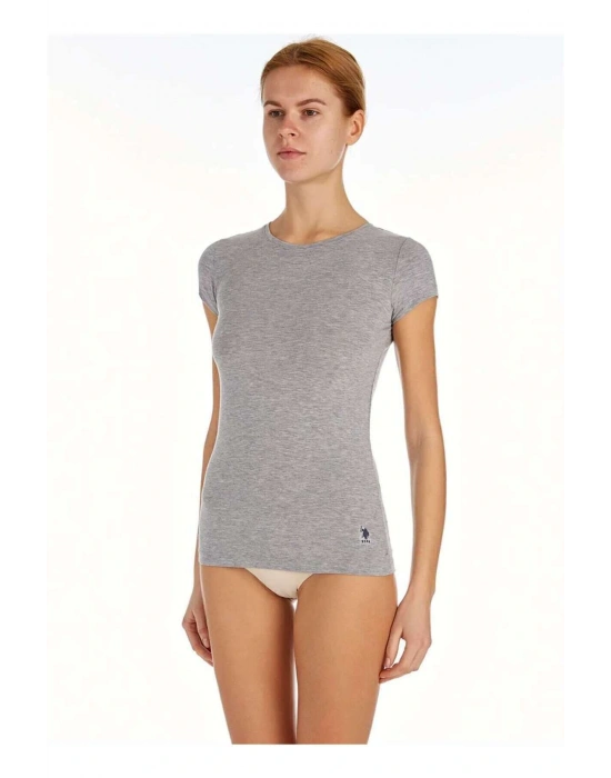 U.S. Polo Assn. Kadın Gri Melanj Kısa Kollu Yuvarlak Yaka T-Shirt