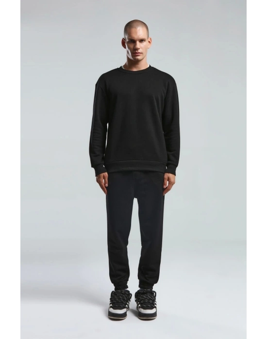 Erkek Bisiklet Yaka Uzun Kol Basıc Sweatshirt Siyah