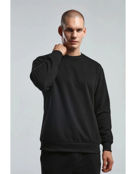 Erkek Bisiklet Yaka Uzun Kol Basıc Sweatshirt Siyah