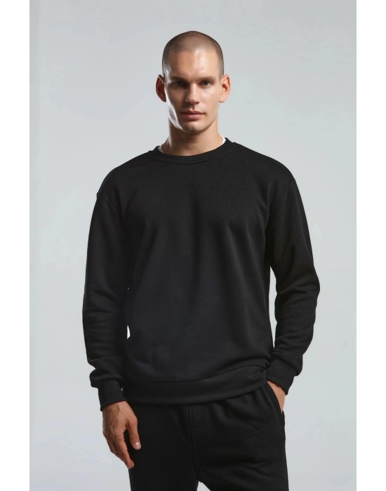 Erkek Bisiklet Yaka Uzun Kol Basıc Sweatshirt Siyah