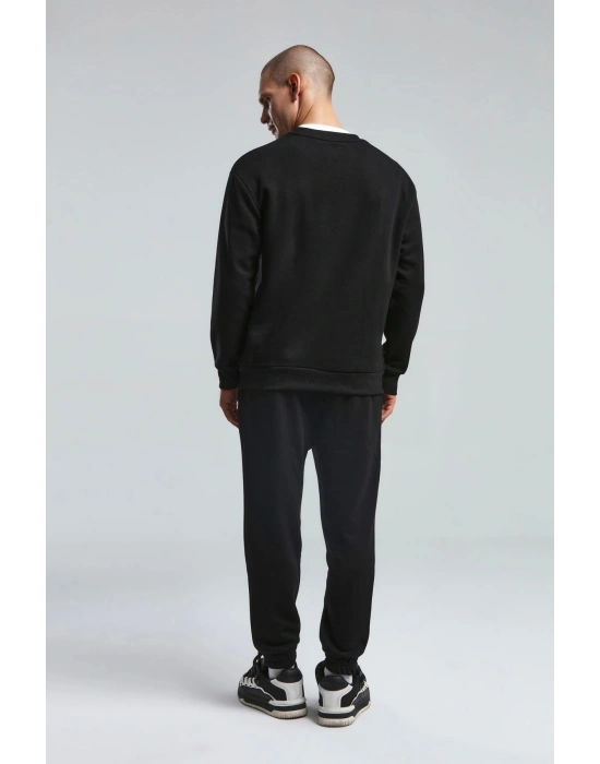 Erkek Bisiklet Yaka Uzun Kol Basıc Sweatshirt Siyah