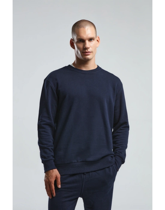 Erkek Bisiklet Yaka Uzun Kol Basıc Sweatshirt Lacivert