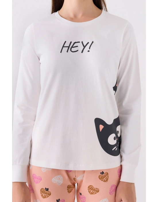 Kadın Beyaz Uzun Kol Pijama Takım