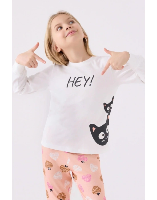 Kız Çocuk Beyaz Uzun Kol Pijama Takım