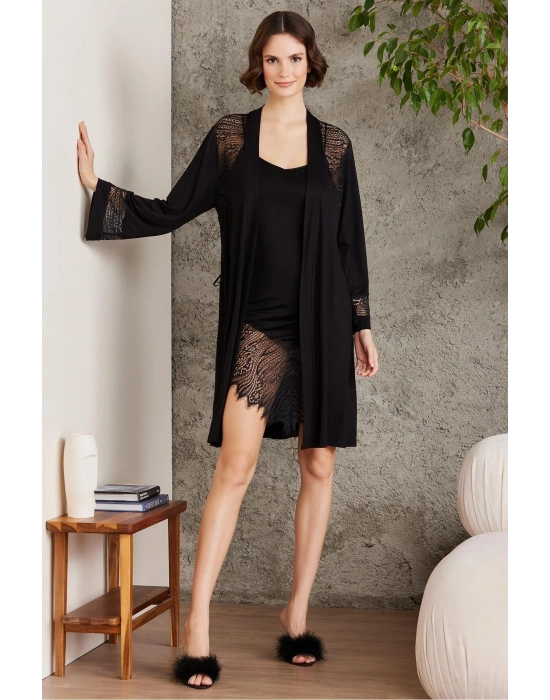 Penye Dantelli Kadın Gecelik Ve Sabahlık Takım - 4015 Siyah