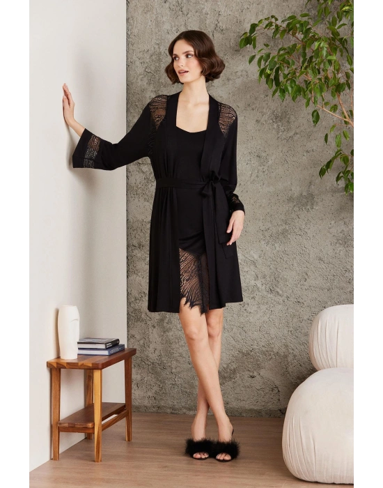 Penye Dantelli Kadın Gecelik Ve Sabahlık Takım - 4015 Siyah