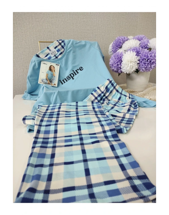 Renkli Milan Kumaş Sıfır Yaka Kadın Pijama Takımı 50107