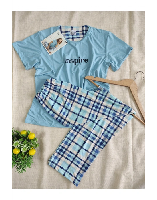 Renkli Milan Kumaş Sıfır Yaka Kadın Pijama Takımı 50107