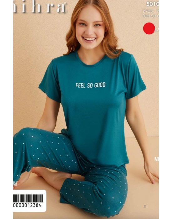 Renkli Milan Kumaş Sıfır Yaka Kadın Pijama Takımı 50107