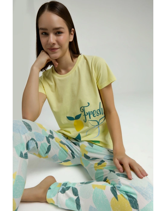 Kadın Sarı Kısa Kol Pijama Takım