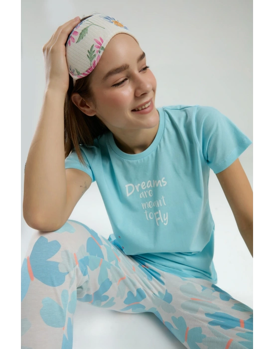 Kadın Mavi Kısa Kol Pijama Takım