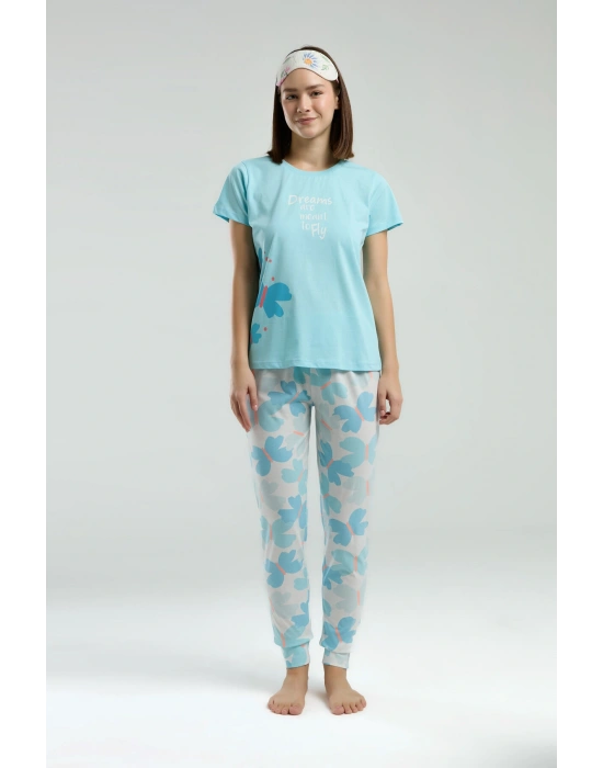 Kadın Mavi Kısa Kol Pijama Takım