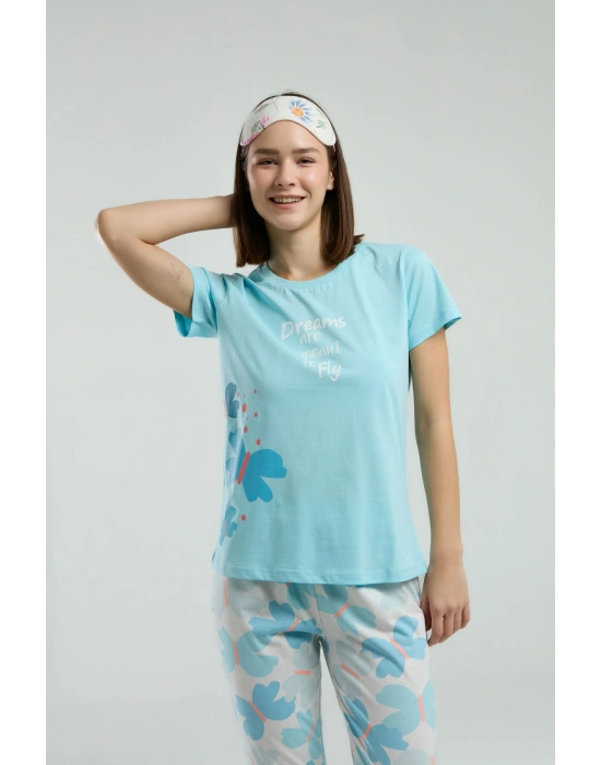 Kadın Mavi Kısa Kol Pijama Takım