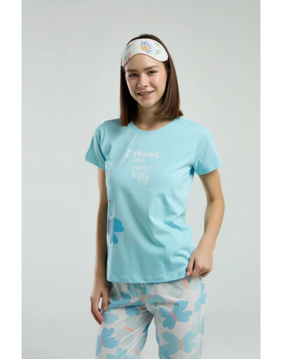 Kadın Mavi Kısa Kol Pijama Takım