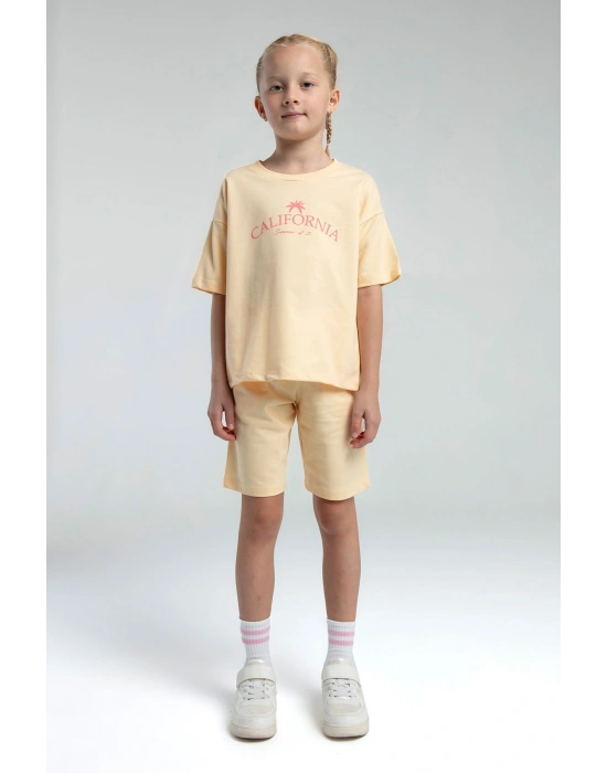 Kız Çocuk Krem İki İplik %100 Pamuklu Bermuda Takım