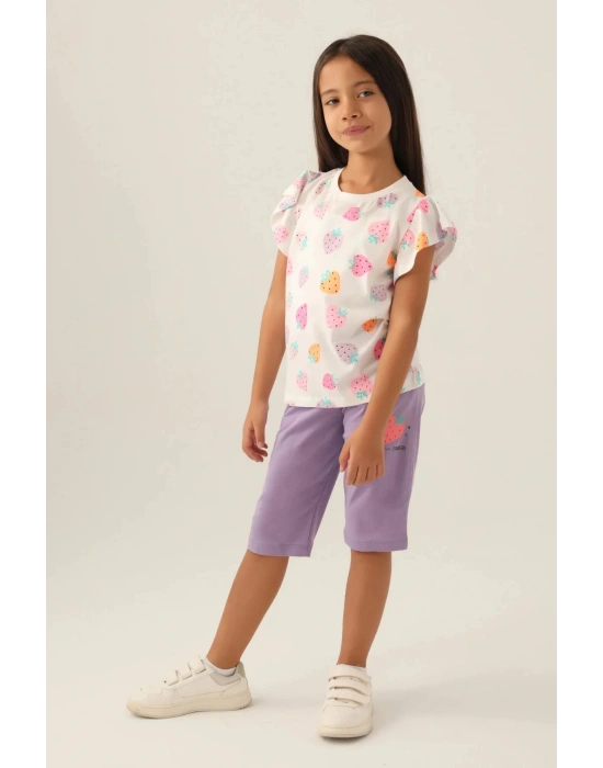 Çilek Desenli, Mor, Kız Çocuk, Kapri Takım