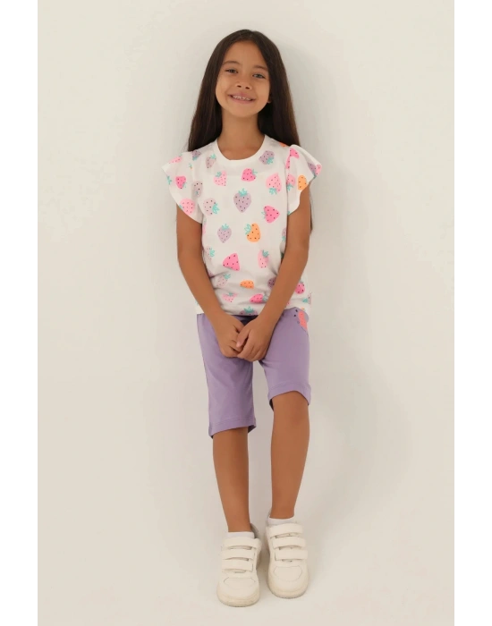 Çilek Desenli, Mor, Kız Çocuk, Kapri Takım