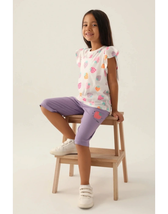 Çilek Desenli, Mor, Kız Çocuk, Kapri Takım