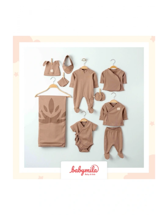 Yenidoğan Bebek Için Organik Pamuklu 10 Parça Hastane Çıkışı Seti - Zıbın Ve Tulum Takımı Kahve