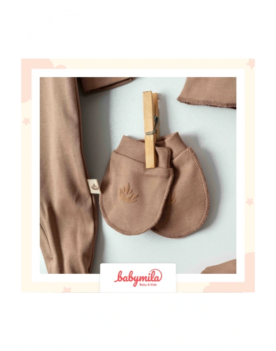 Yenidoğan Bebek Için Organik Pamuklu 10 Parça Hastane Çıkışı Seti - Zıbın Ve Tulum Takımı Kahve
