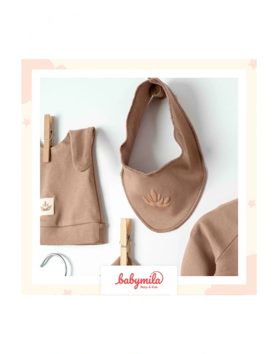Yenidoğan Bebek Için Organik Pamuklu 10 Parça Hastane Çıkışı Seti - Zıbın Ve Tulum Takımı Kahve