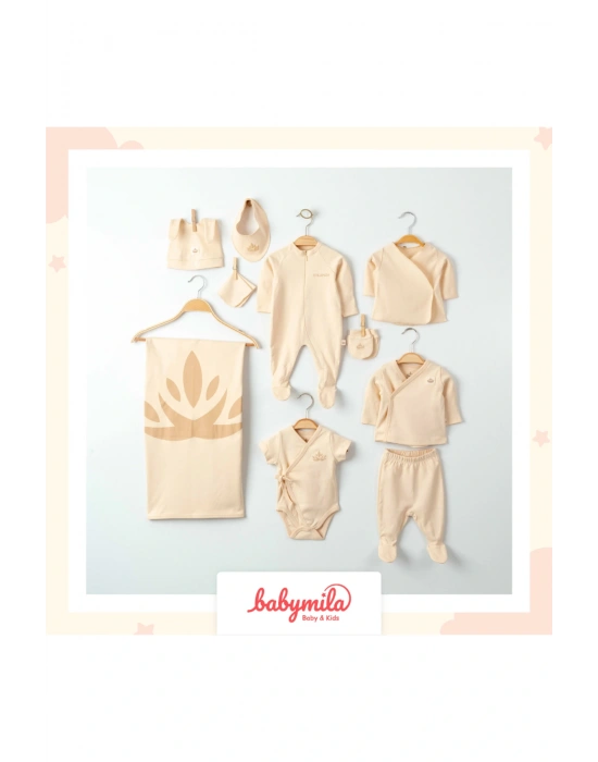 Yenidoğan Bebek Için Organik Pamuklu 10 Parça Hastane Çıkışı Seti - Zıbın Ve Tulum Takımı Bej