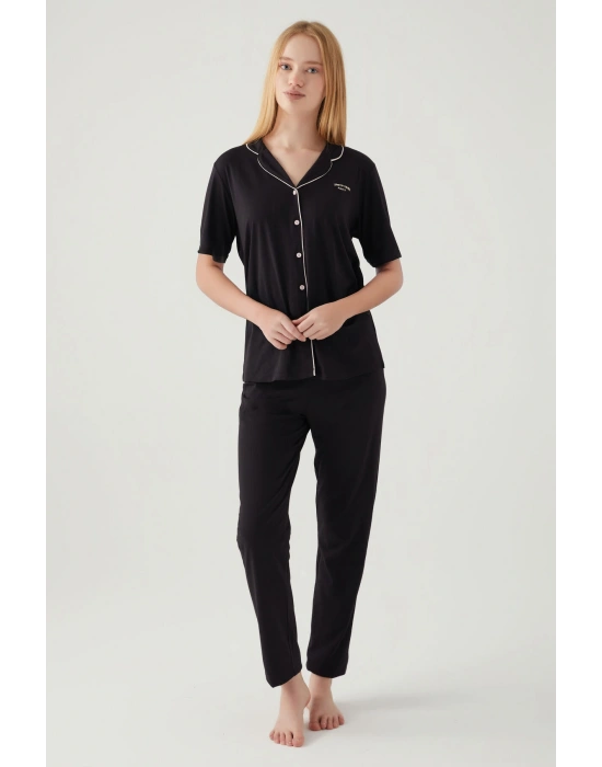Kadın Siyah Gömlek Pijama Takım