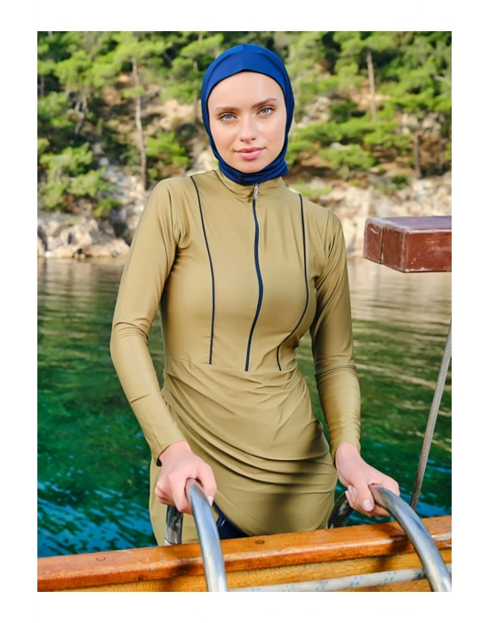 Biye Detaylı Anvelop Etekli Tesettür Mayo - Yeşil -