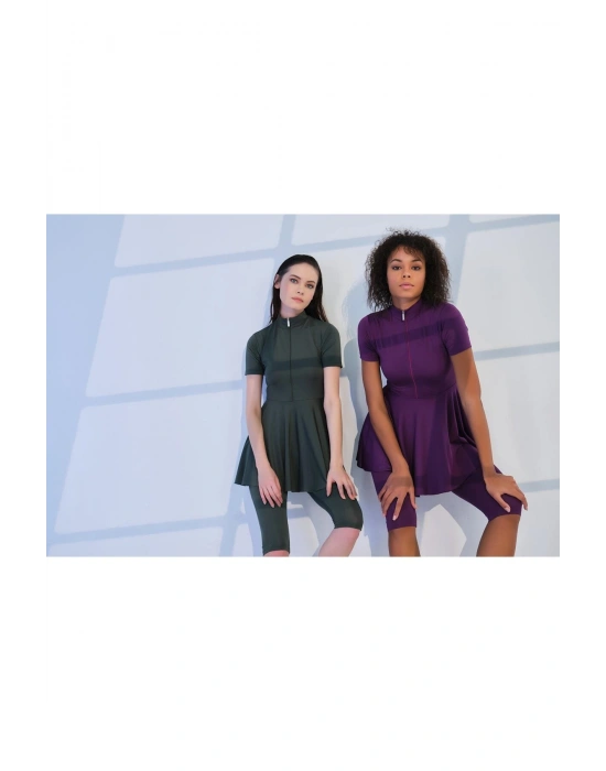 Kloş Etekli Yarım Kol Yarı Kapalı Mayo