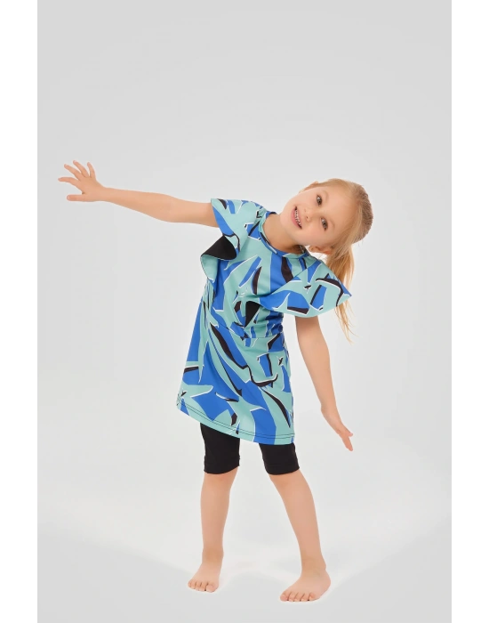 Desenli Volan Detaylı Sıfır Kol Çocuk Mayo