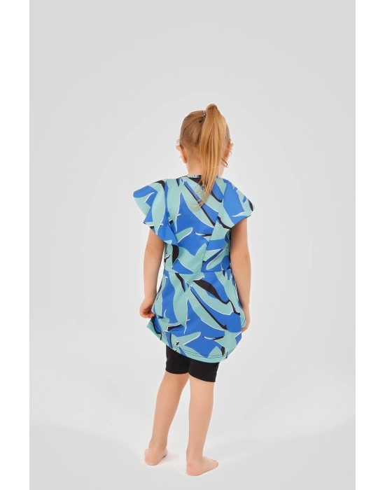 Desenli Volan Detaylı Sıfır Kol Çocuk Mayo