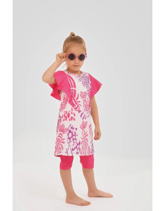 Desenli Volan Detaylı Sıfır Kol Çocuk Mayo