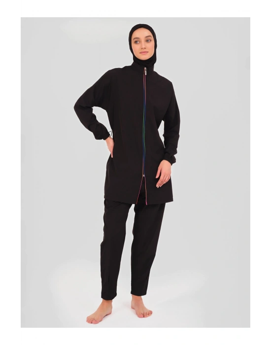 Panama Arkası Desenli Tesettür Mayo - Siyah -