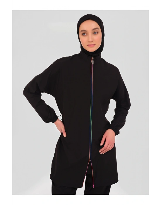 Panama Arkası Desenli Tesettür Mayo - Siyah -