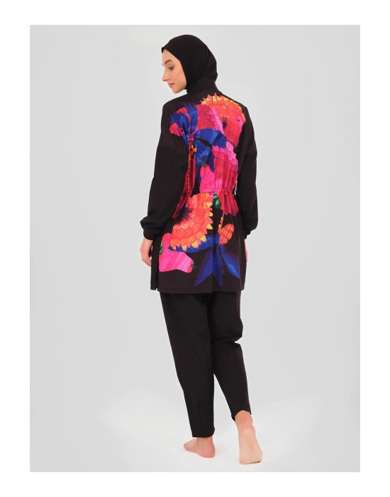 Panama Arkası Desenli Tesettür Mayo - Siyah -