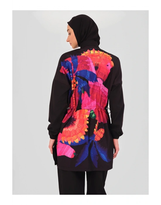 Panama Arkası Desenli Tesettür Mayo - Siyah -