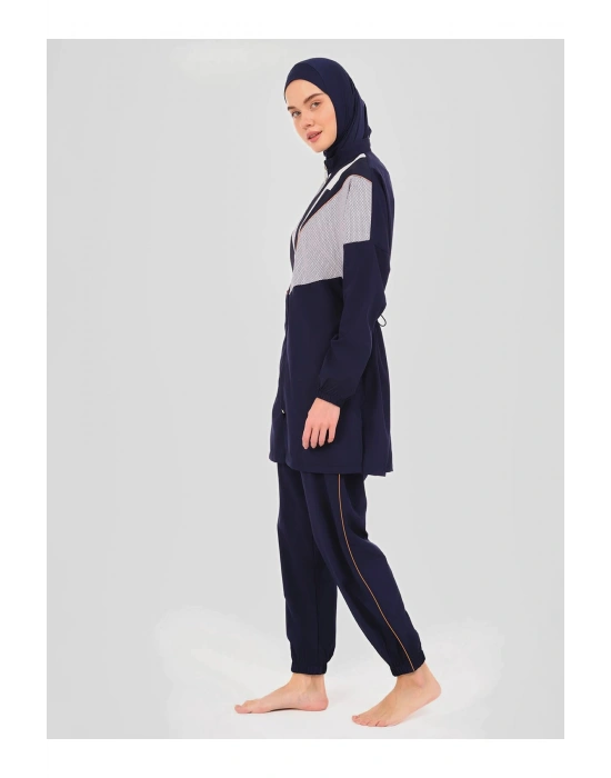 Volta Neon Biye Süslemeli Tesettür Mayo - Lacivert -