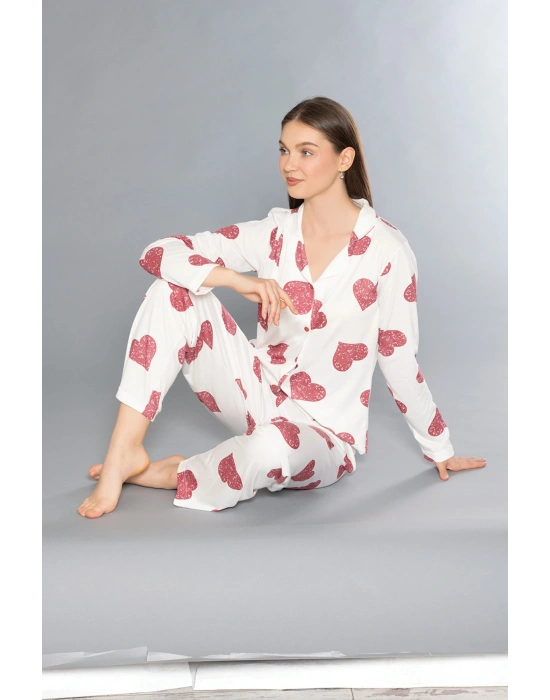Kadın Yazlık Uzun Kol Önden Düğmeli Pijama Takımı 790-71