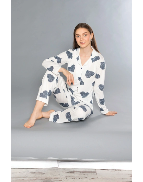 Kadın Yazlık Uzun Kol Önden Düğmeli Pijama Takımı 790-71