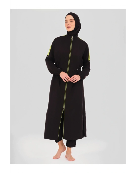 Biyeli Oversize Uzun Tesettür Mayo - Siyah -