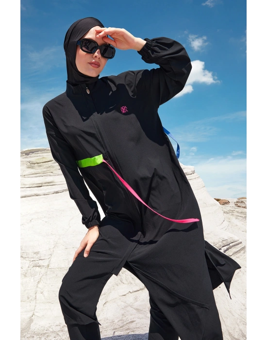 Uzun Tam Boy Spor Likra Tam Kapalı Tesettür Mayo 1228 Siyah